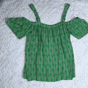 KAARI BLUE cold shoulder tank blouse geometric tropical green white print